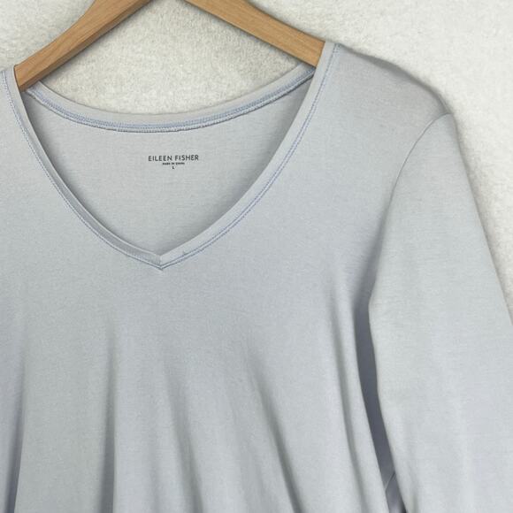 EILEEN FISHER Top L Organic Cotton Ribbed Jersey V-Neck Elbow Sleeve Light Blue - Picture 6 of 13